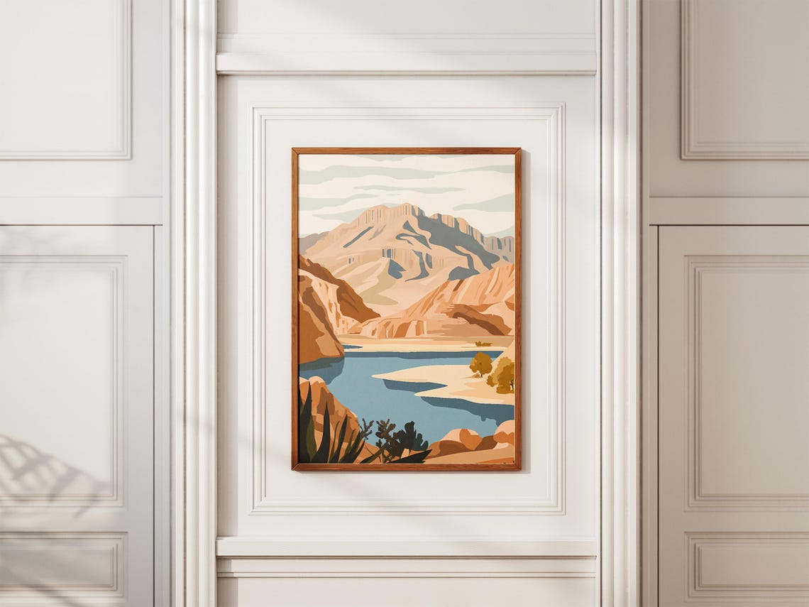 Desert Canyon With Blue Lake And Beige Mesa Mountains Poster - Image 2