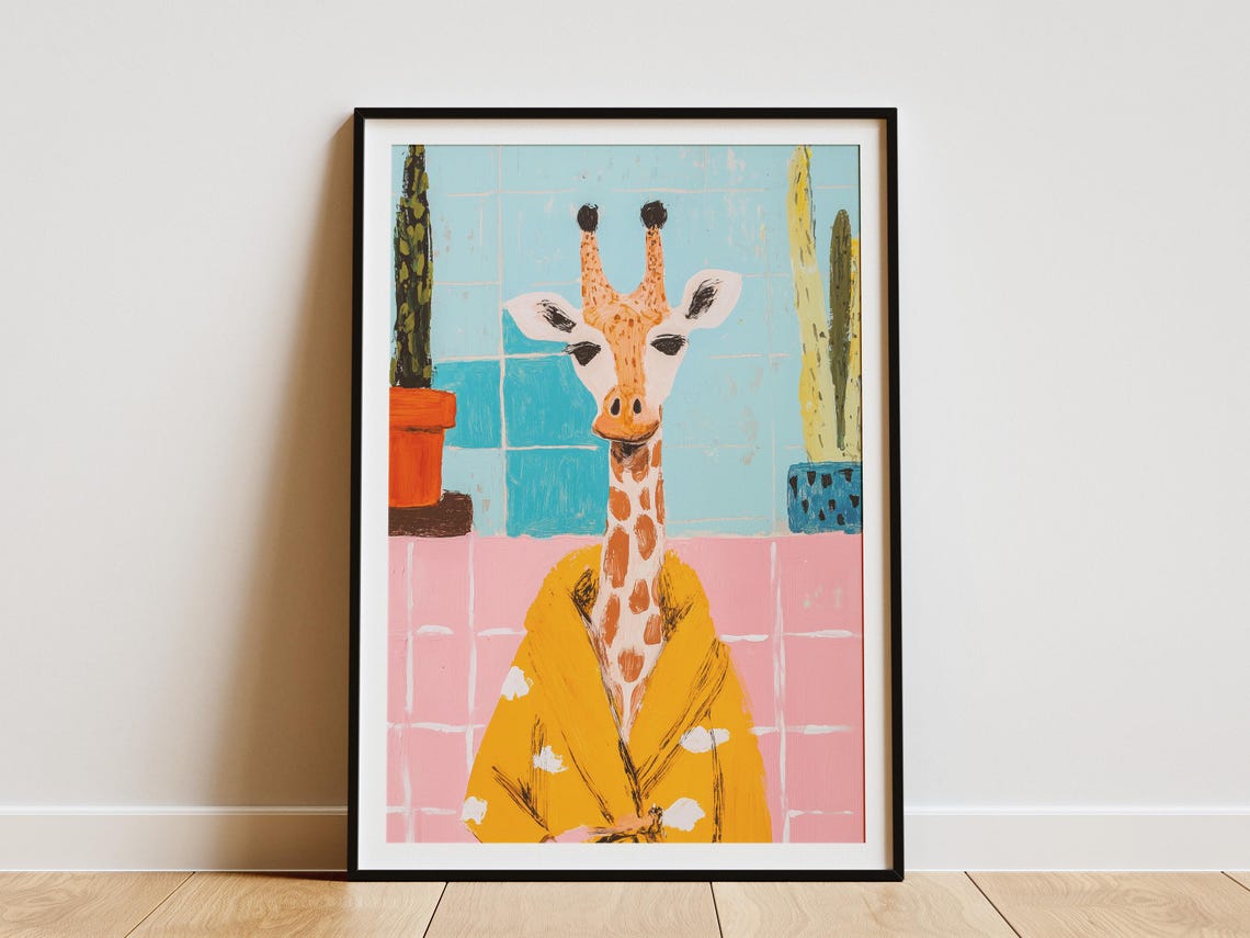 Sunny Giraffe In Yellow Polka Dot Bathrobe With Cacti Poster