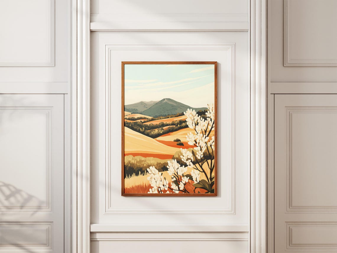 Golden Grain Hills With White Blossom Branches Pastoral Poster - Image 2