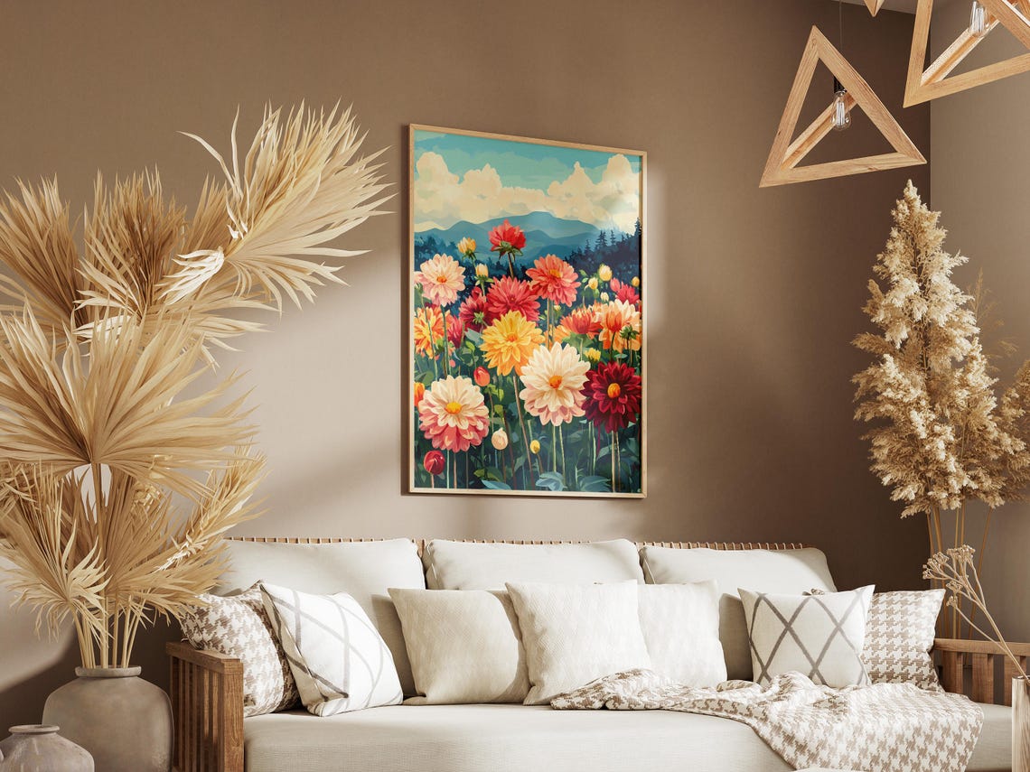 Colorful Dahlia Garden With Blue Mountains Behind Summer Art Poster - Image 3
