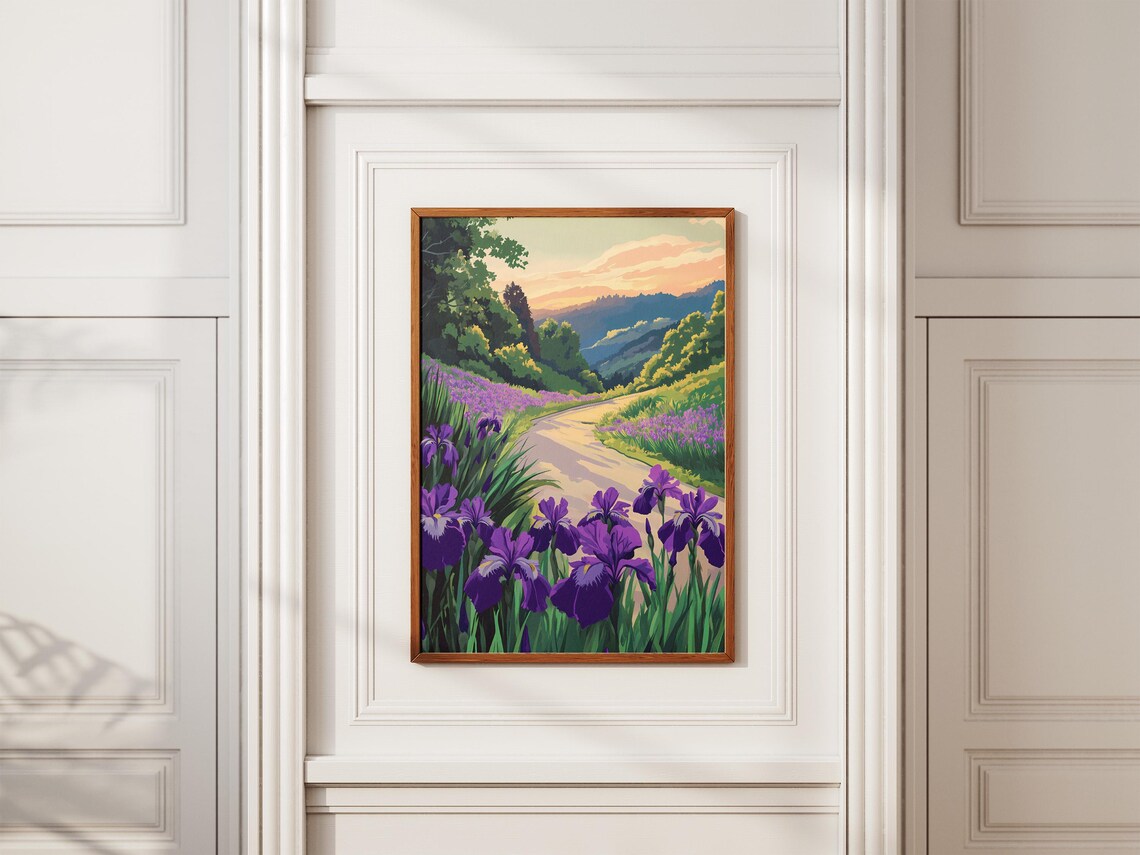Purple Irises Along Country Road Sunset Valley Flower Poster - Image 2