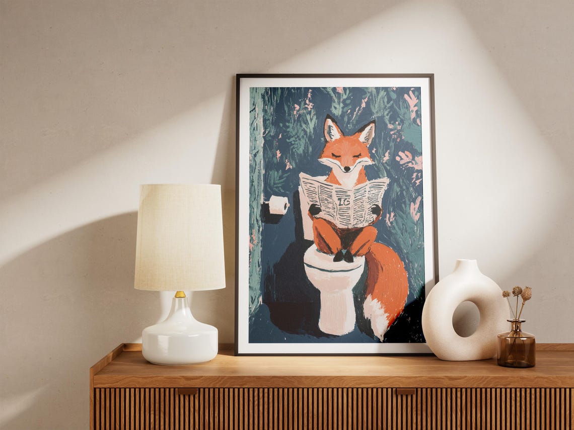 Orange Fox Reading Newspaper On Toilet Floral Bathroom Poster - Image 5