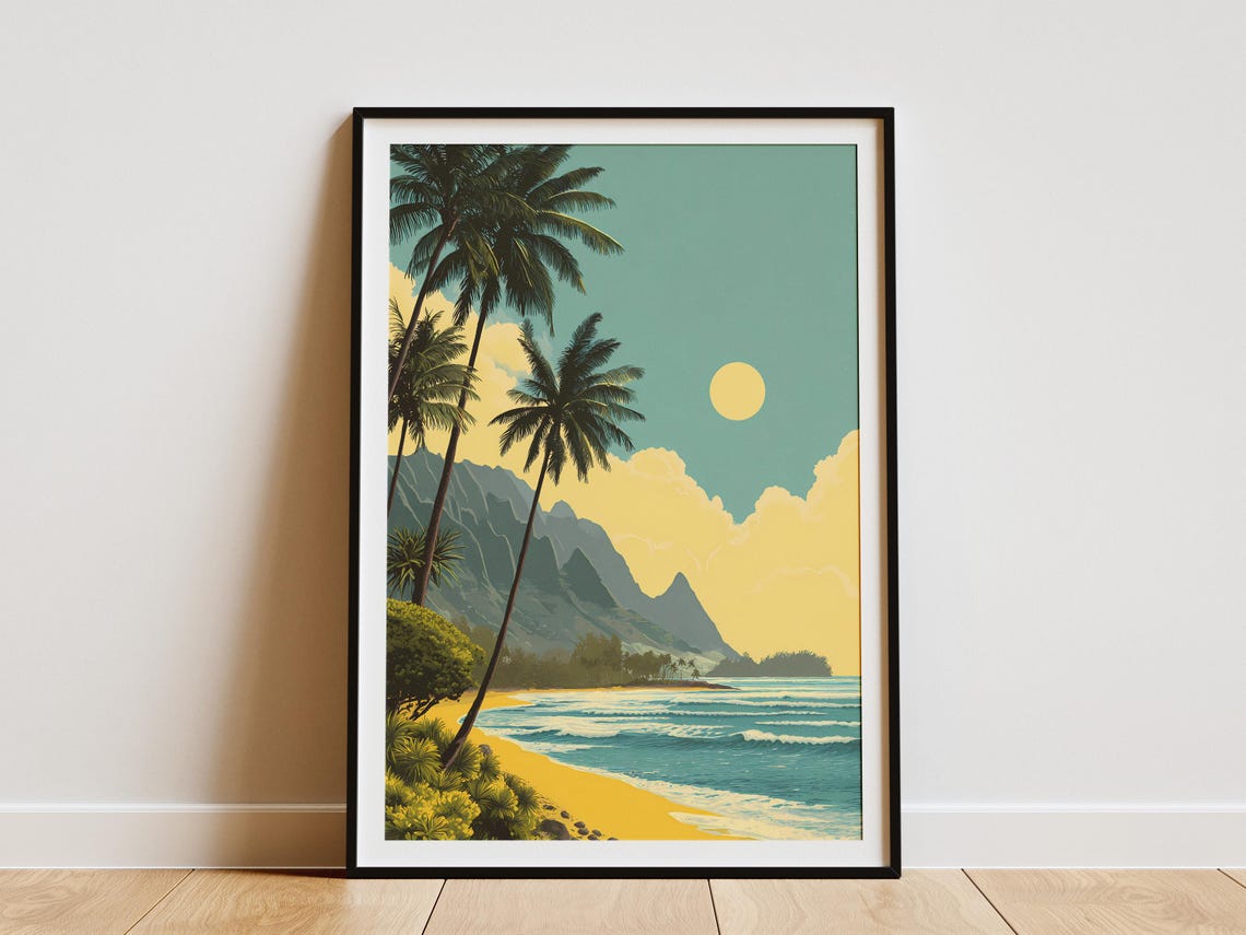 Retro Hawaiian Beach Travel Poster Palm Trees Sun And Mountains