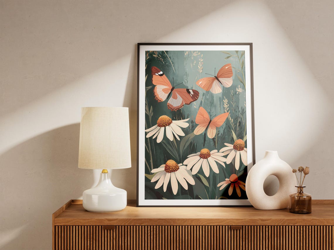 Orange Butterflies Over White Coneflowers Dark Botanical Poster - Image 5