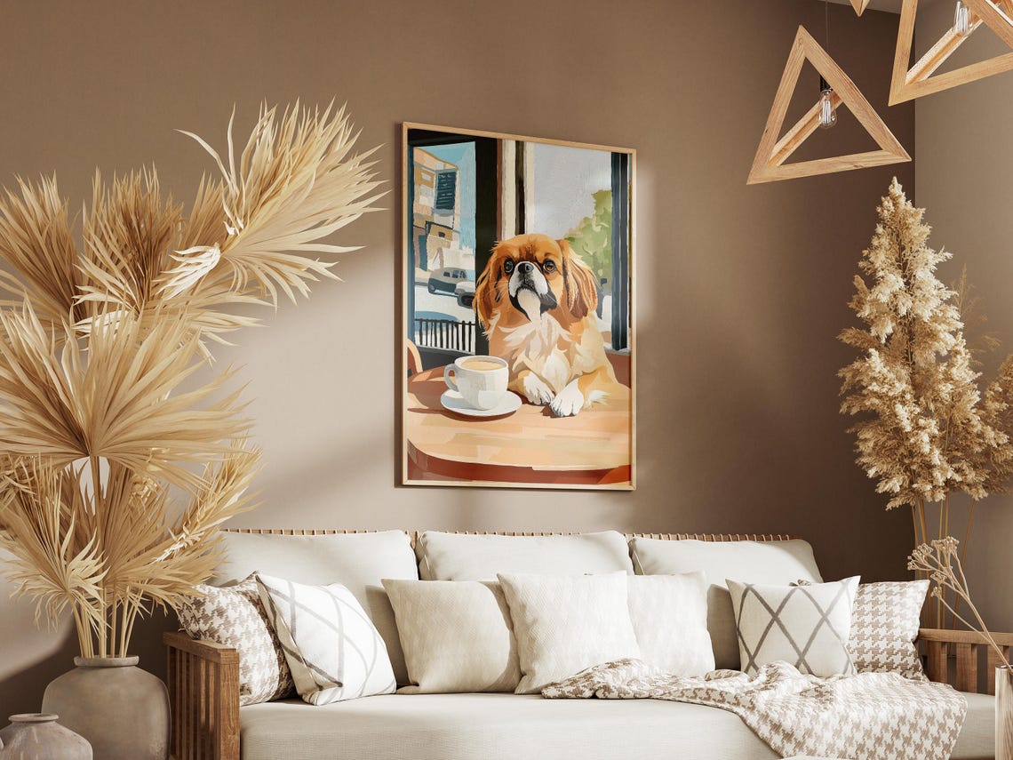 Pekingese at a Cafe Window Table with Steaming Coffee Poster - Image 3