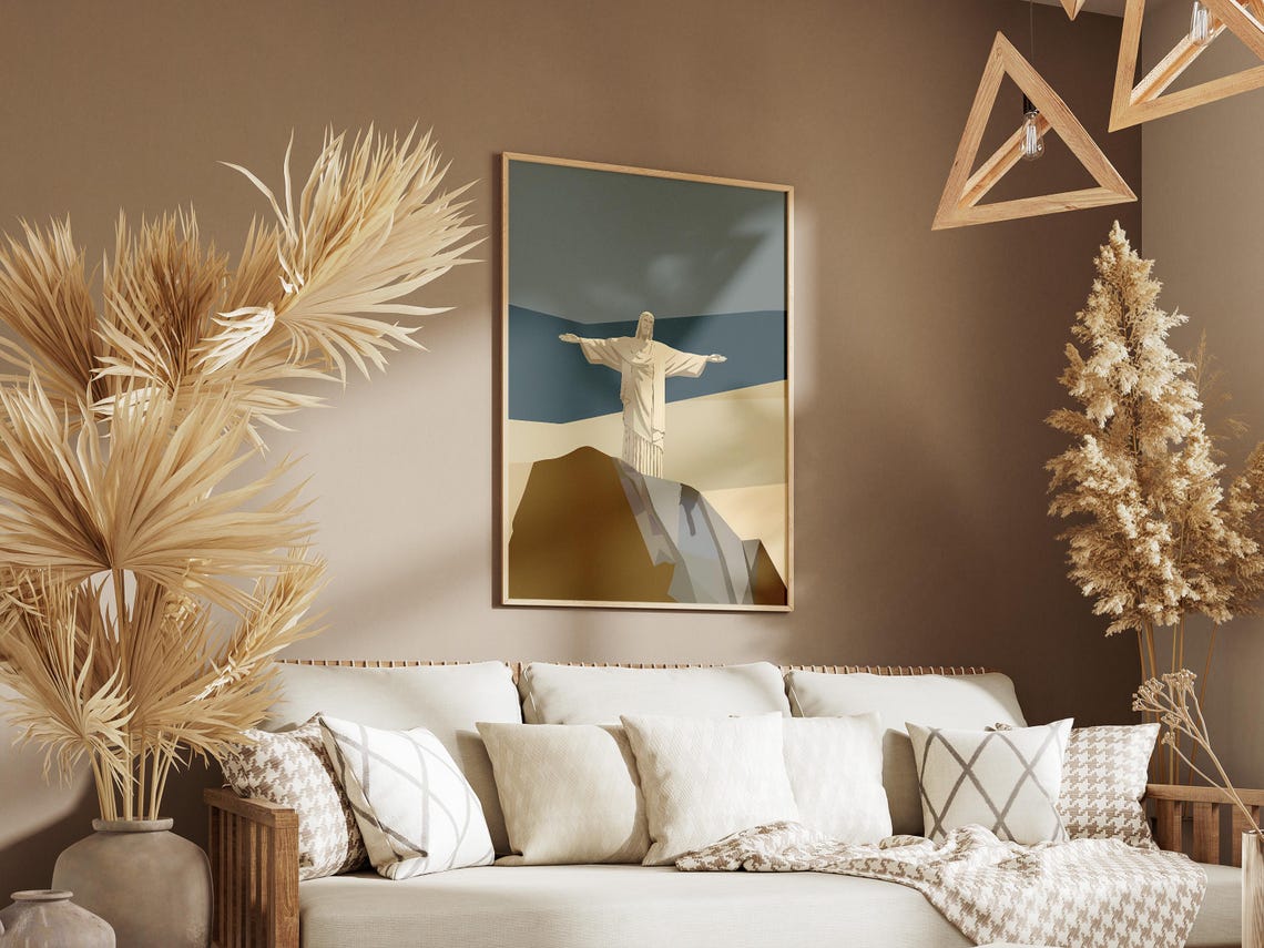 Christ the Redeemer Statue in Minimalist Beige and Blue Poster - Image 3