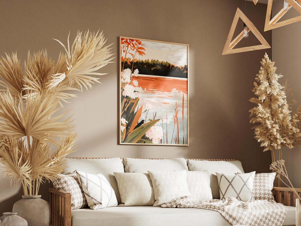 Lake Sunset With White Flowers And Orange Leaves Nature Poster - Image 3