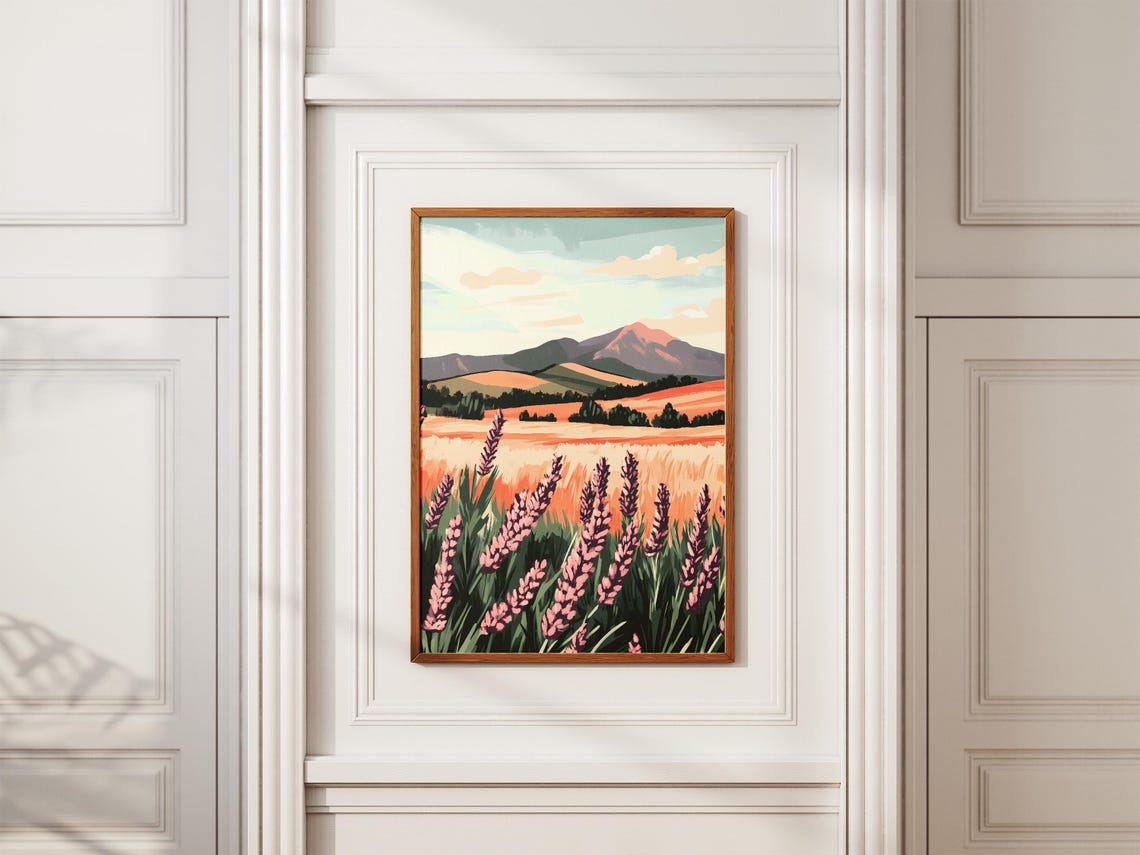 Lavender Field Golden Wheat Hills Mountain Landscape Scenic Poster - Image 2