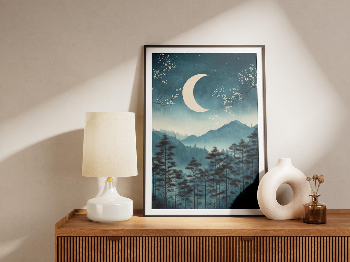 Pine Forest Under Crescent Moon Misty Mountains Asian Night Art Poster - Image 5