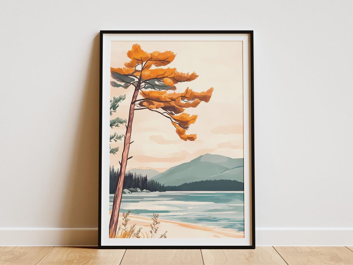 Tall Golden Pine Tree Standing By A Calm Mountain Lake Poster