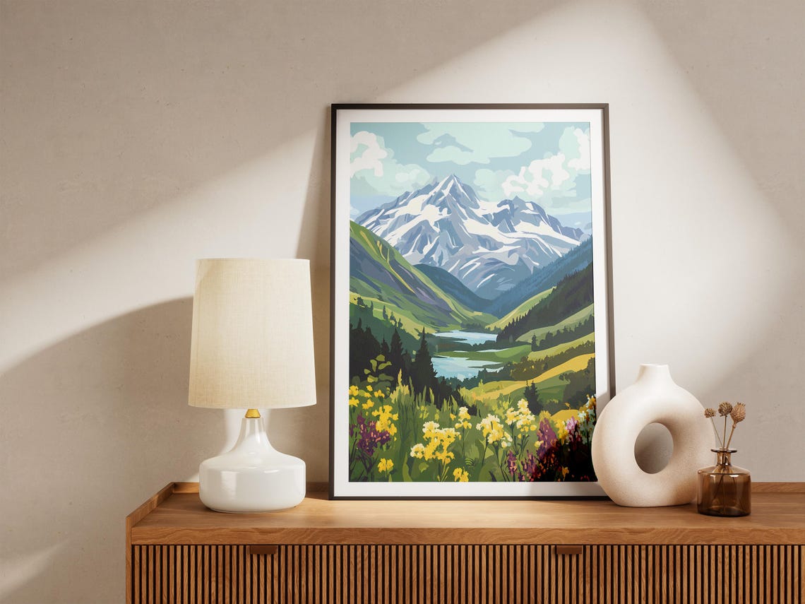 Snowcapped Peak Alpine Meadow Wildflowers Lake Landscape Poster - Image 5