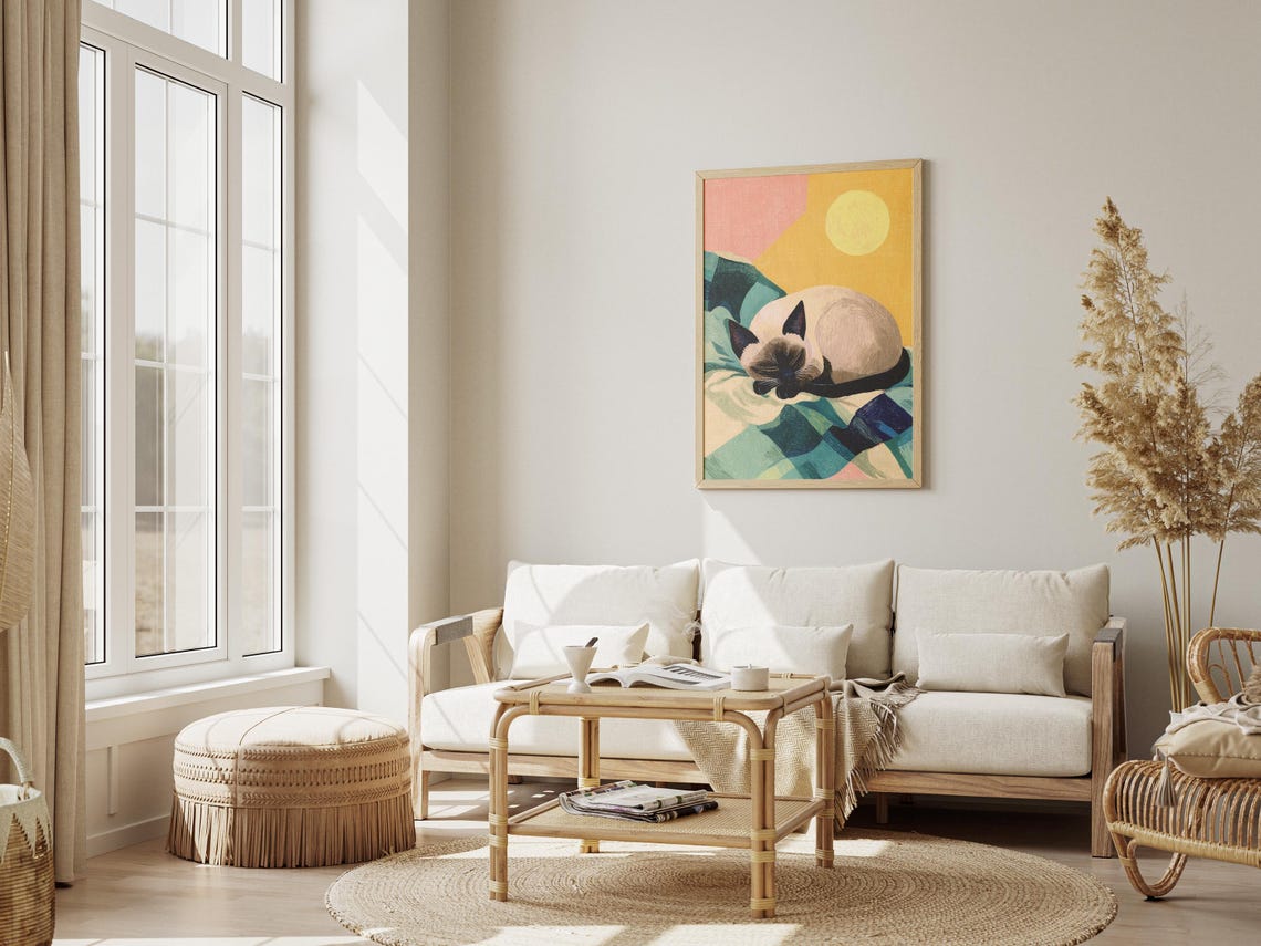 Sleeping Siamese Cat on Teal Bedding Yellow Sun Matisse Poster - Image 4