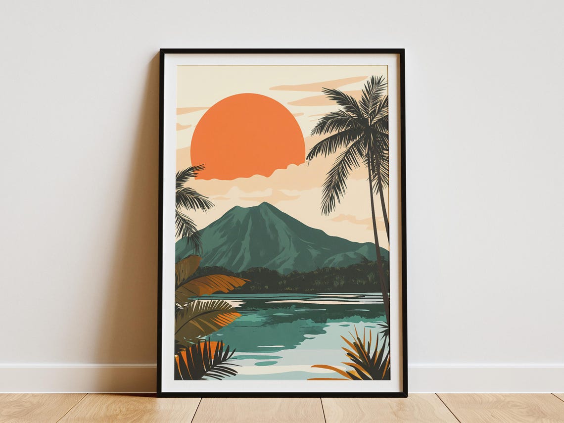 Lombok Island Indonesia Sunset Volcano Palm Lagoon Travel Poster