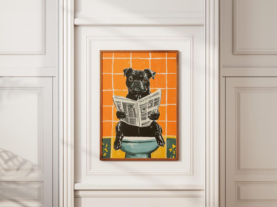 Staffordshire Terrier Reading Newspaper on Toilet Humor Poster - Image 2