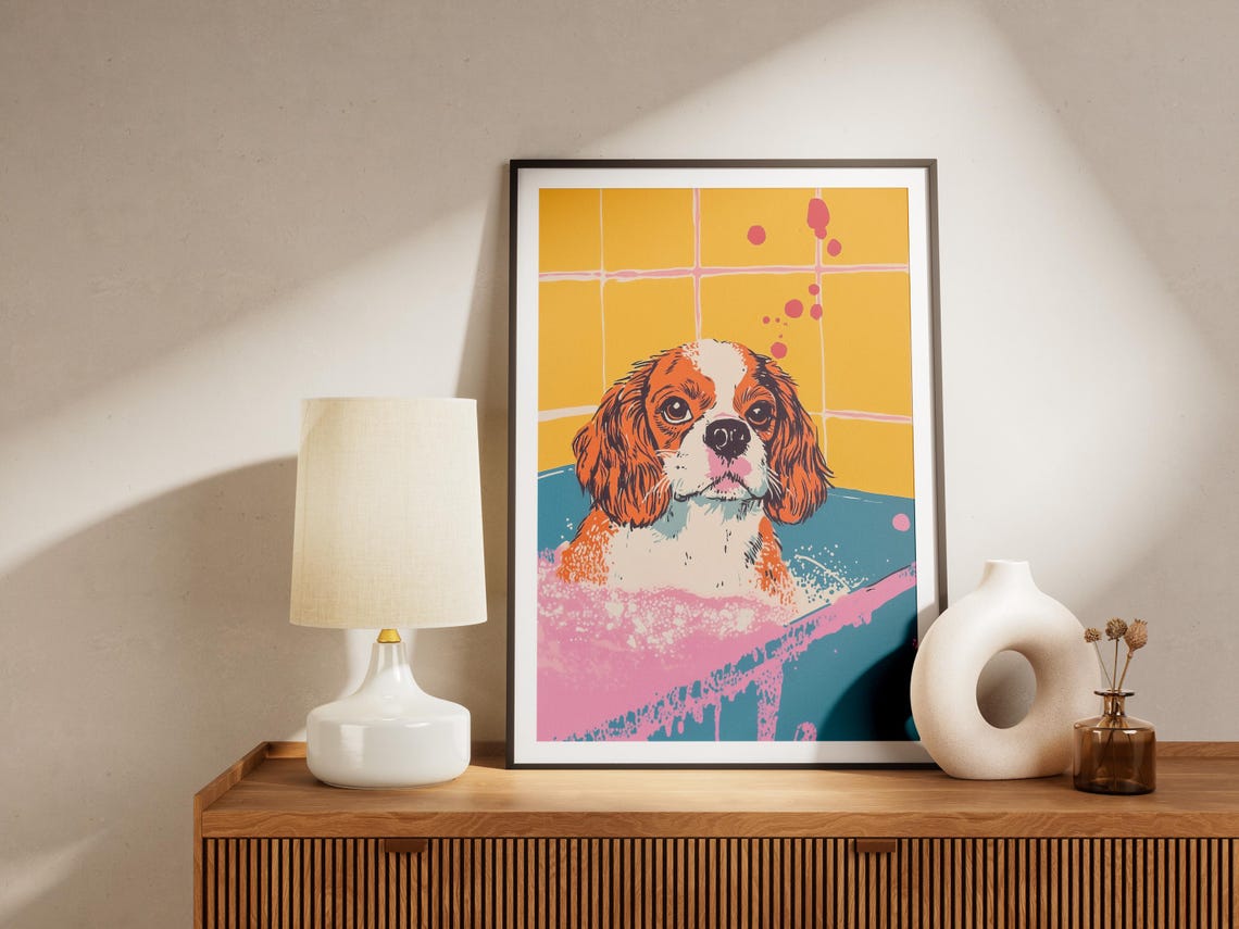 Cavalier Spaniel Puppy in Bubble Bath Pop Art Bathroom Dog Poster - Image 4