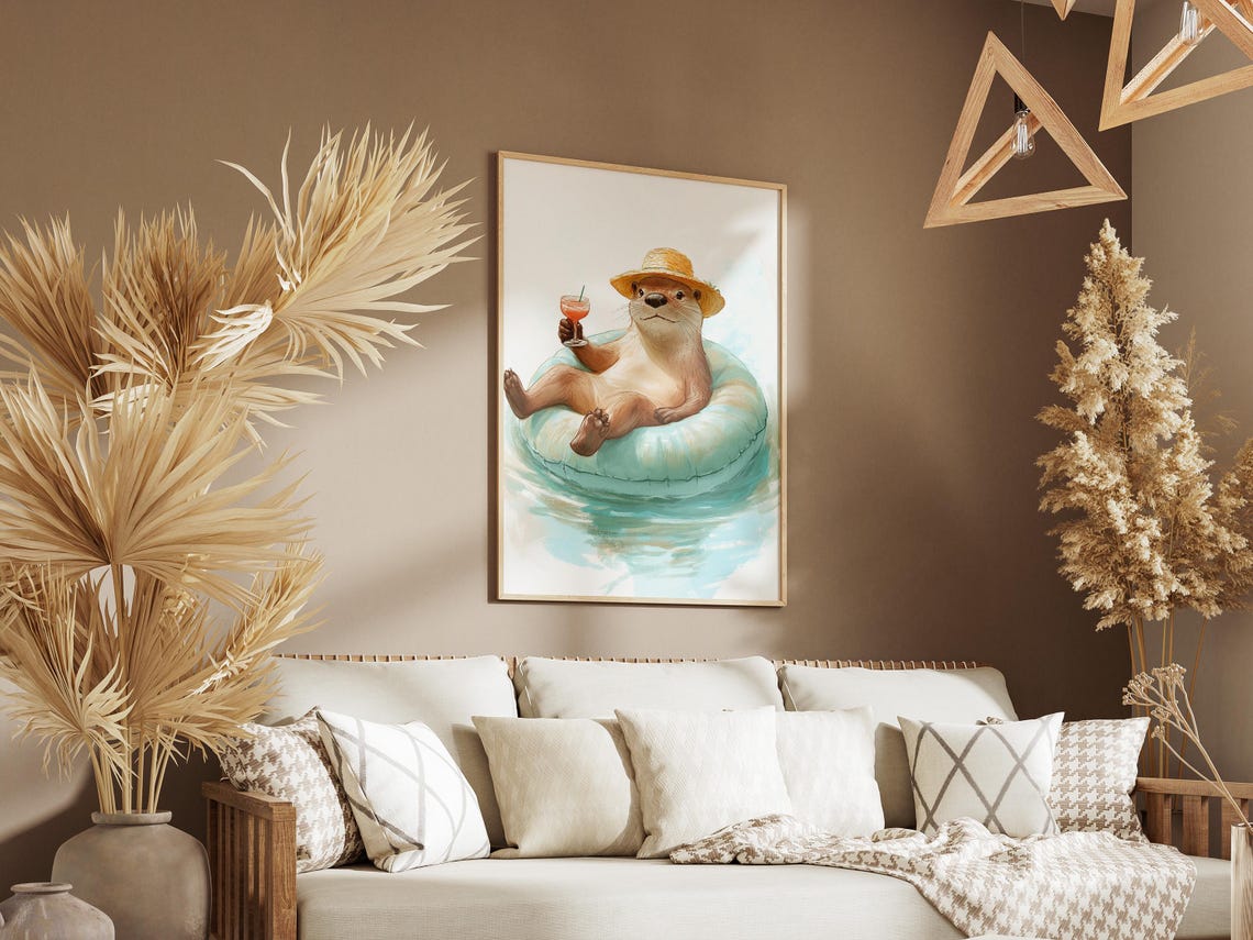 Relaxed Otter in Straw Hat Floating with Cocktail Summer Pool Poster - Image 3