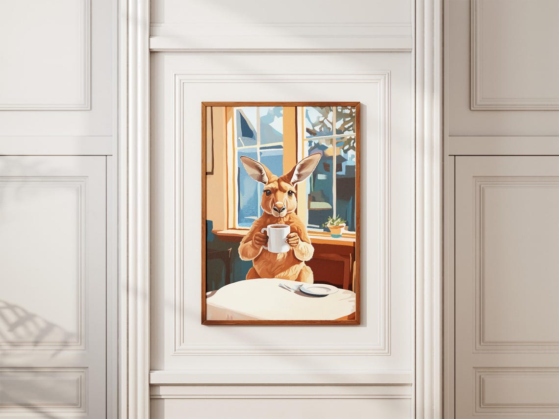 Curious Kangaroo Holding Coffee Mug at Cozy Cafe Table Poster - Image 2