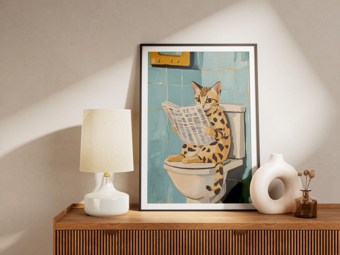 Funny Spotted Cat Reading Newspaper on Toilet Bathroom Poster - Image 4