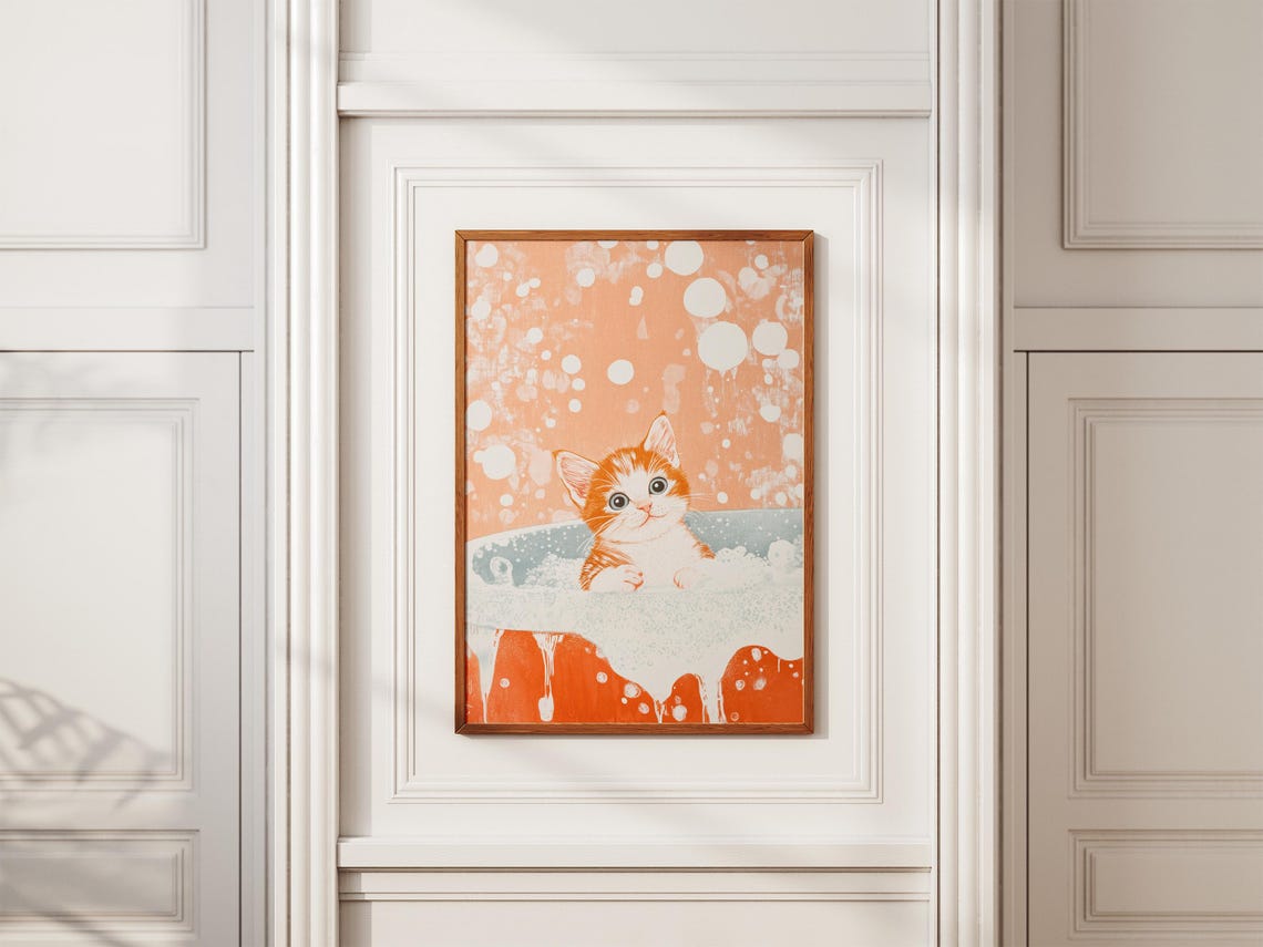 Sweet Ginger Kitten in Bubbly Bath Warm Peach Bubbles Art Poster - Image 2
