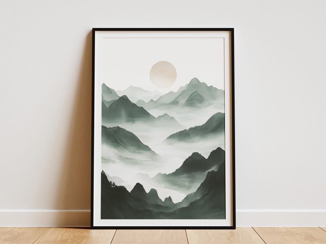 Green Misty Watercolor Mountains Pale Sun Japanese Inspired Poster