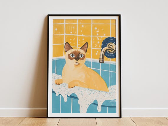 Burmese Cat In Bathtub Poster Print Foamy Bath Wall Art Cute Bathroom Decor Playful Pet Animal Lover Gift Home