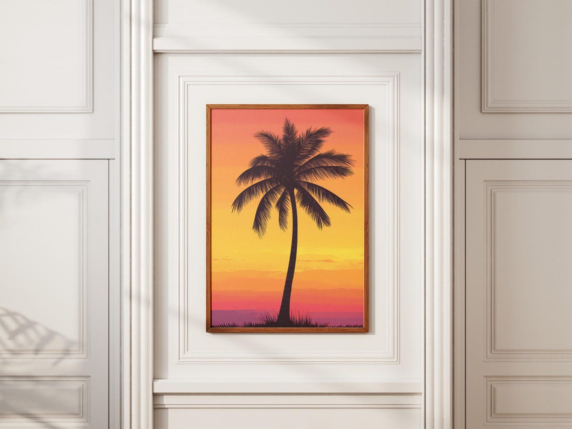 Tropical Palm Tree Silhouette Against a Vivid Orange Sunset Poster - Image 2