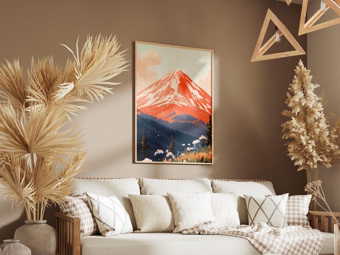 Red Sunrise Volcanic Peak Dark Forest Wildflower Scenic Poster - Image 3