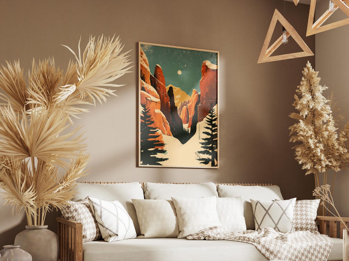 Pinnacles Snowy Red Rock Spires Under a Teal Night Sky Poster - Image 3