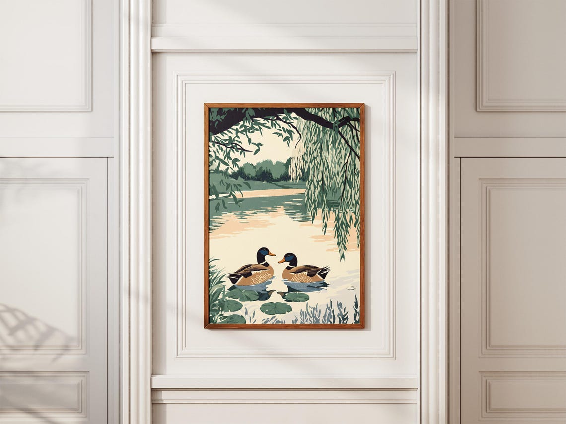 Two Ducks Under Willow Branches Calm Lake Illustration Poster - Image 2