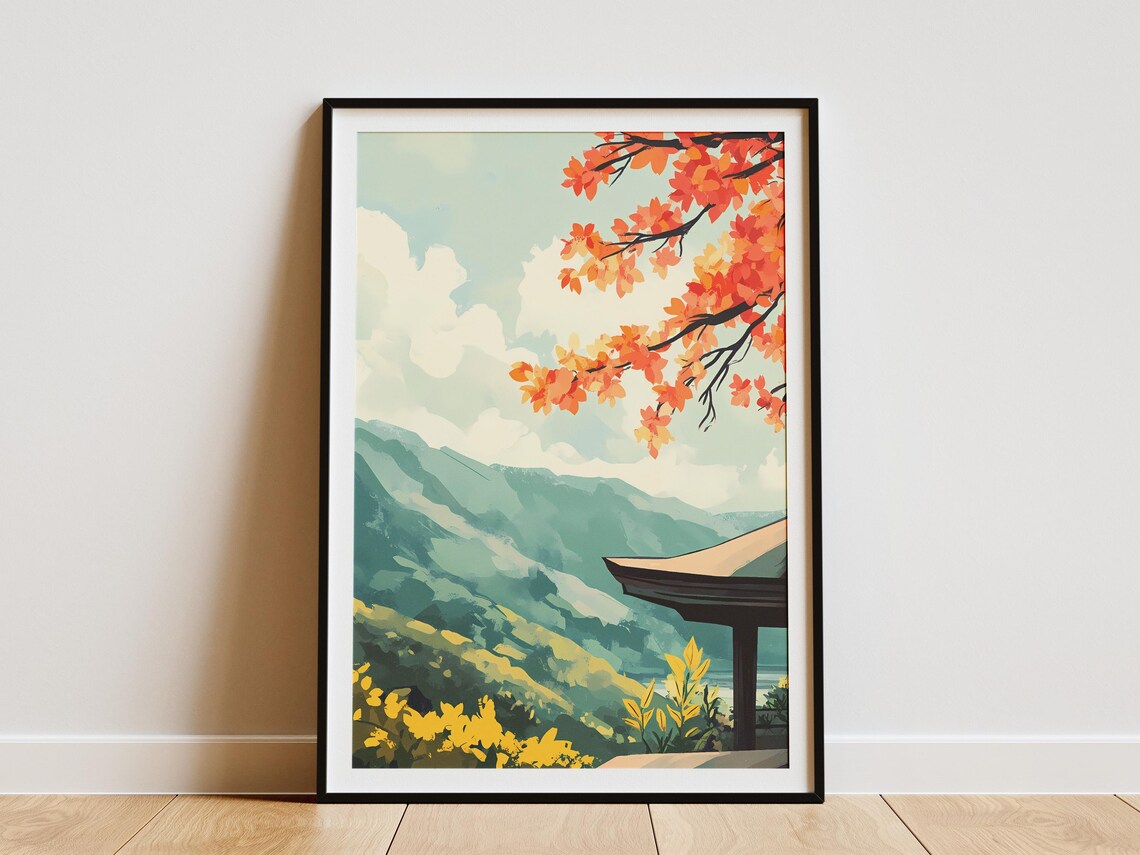 Japanese Pagoda Roof With Red Maple Over Mountain Valley Poster