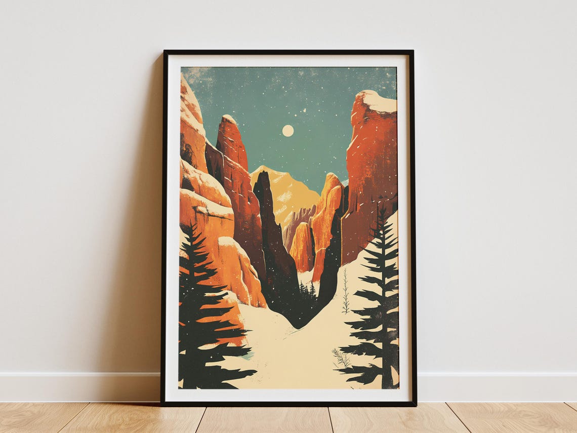 Pinnacles Snowy Red Rock Spires Under a Teal Night Sky Poster