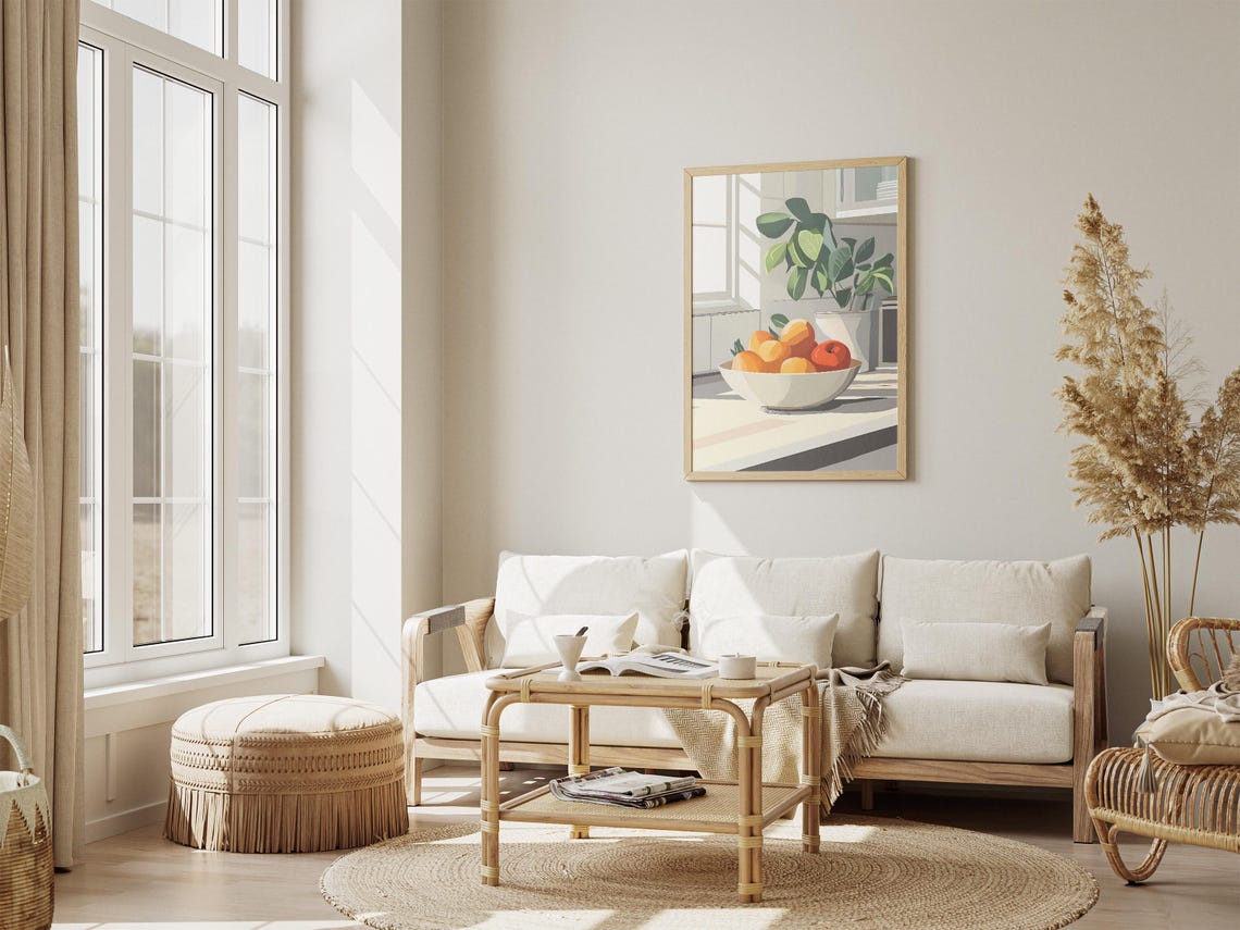 Sunlit Fruit Bowl Oranges Apples Kitchen Counter Still Life Poster - Image 4
