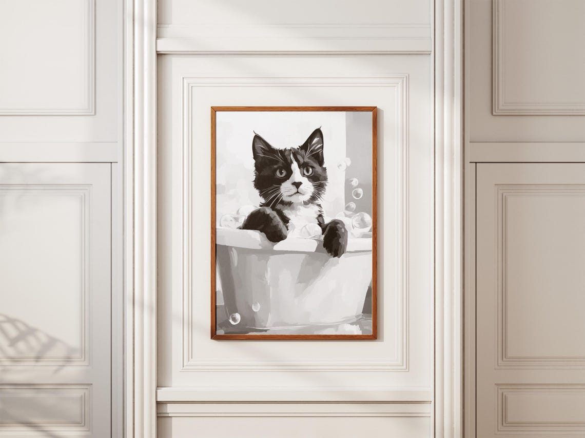 Adorable Cute Tuxedo Cat Bubble Bath Minimalist Kitten Poster - Image 2