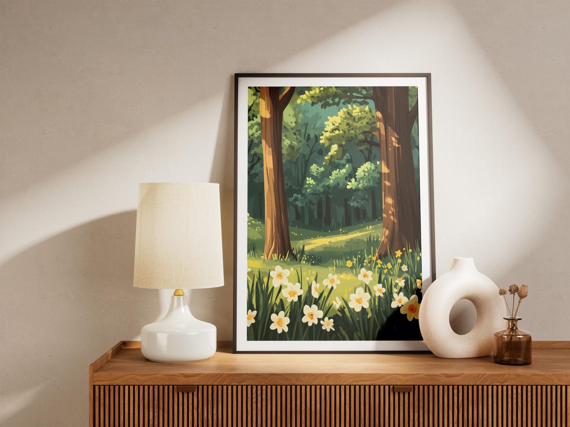Sunlit Forest Glade With White Daffodils Poster Spring Trees - Image 5