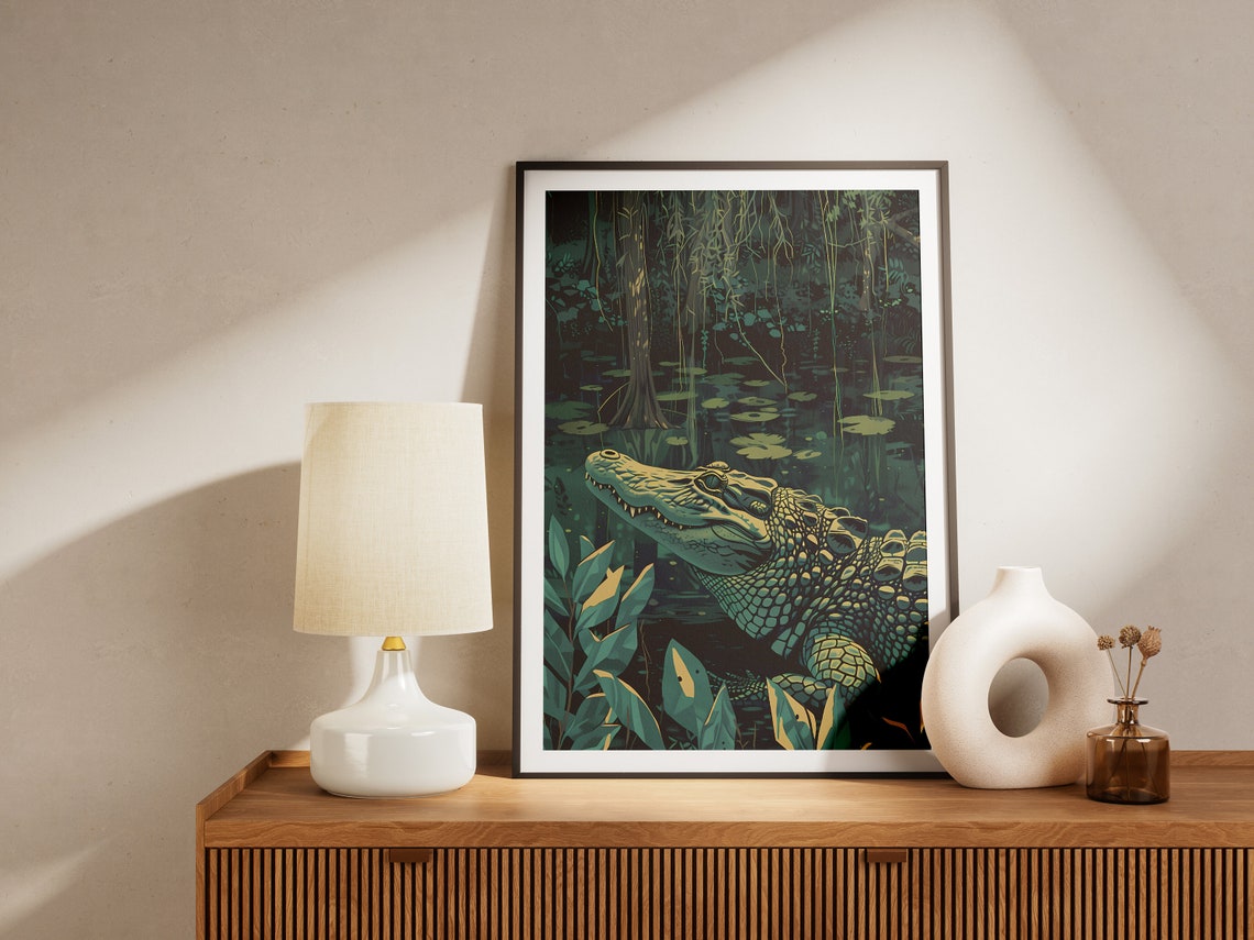 Alligator Lurking in a Dark Cypress Swamp Illustration Poster - Image 2