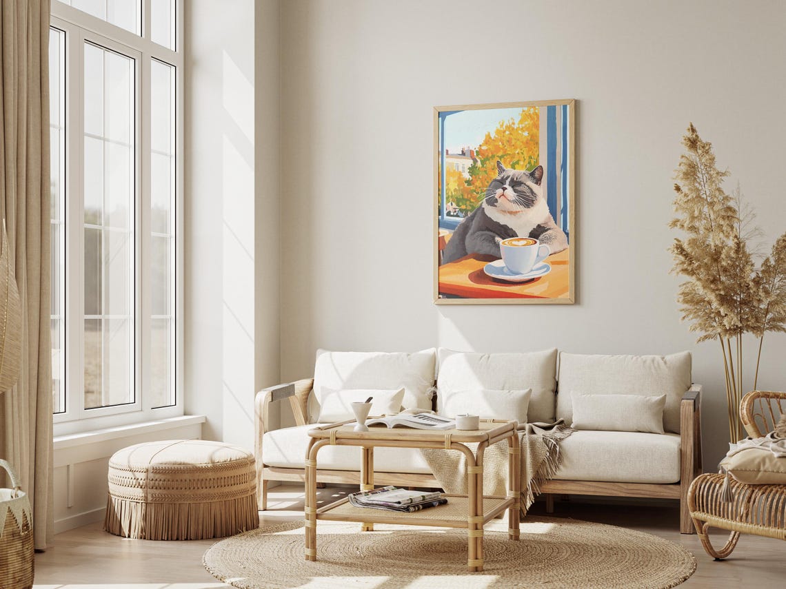 British Shorthair Cat Enjoying Latte at Autumn Cafe Window Poster - Image 3