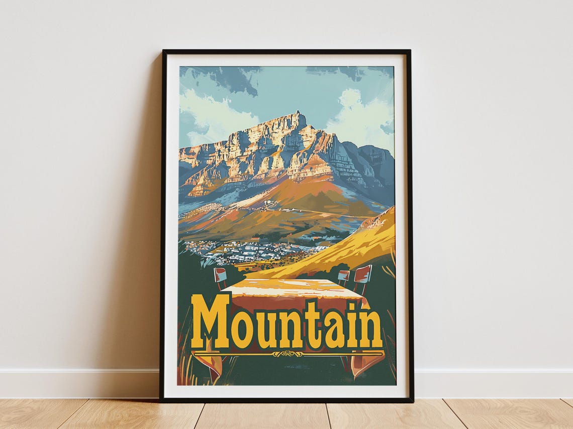 Mountain Flat Top Peak Town Valley Vintage Scenic Art Poster