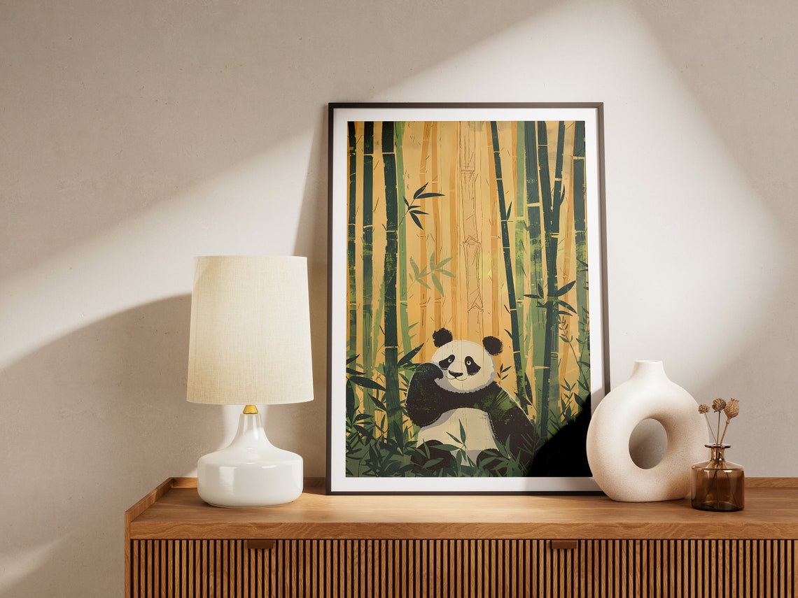 Cute Panda Poster Minimalist Animal Art Print Black White Bamboo Forest Poster Modern Nursery Art - Image 2