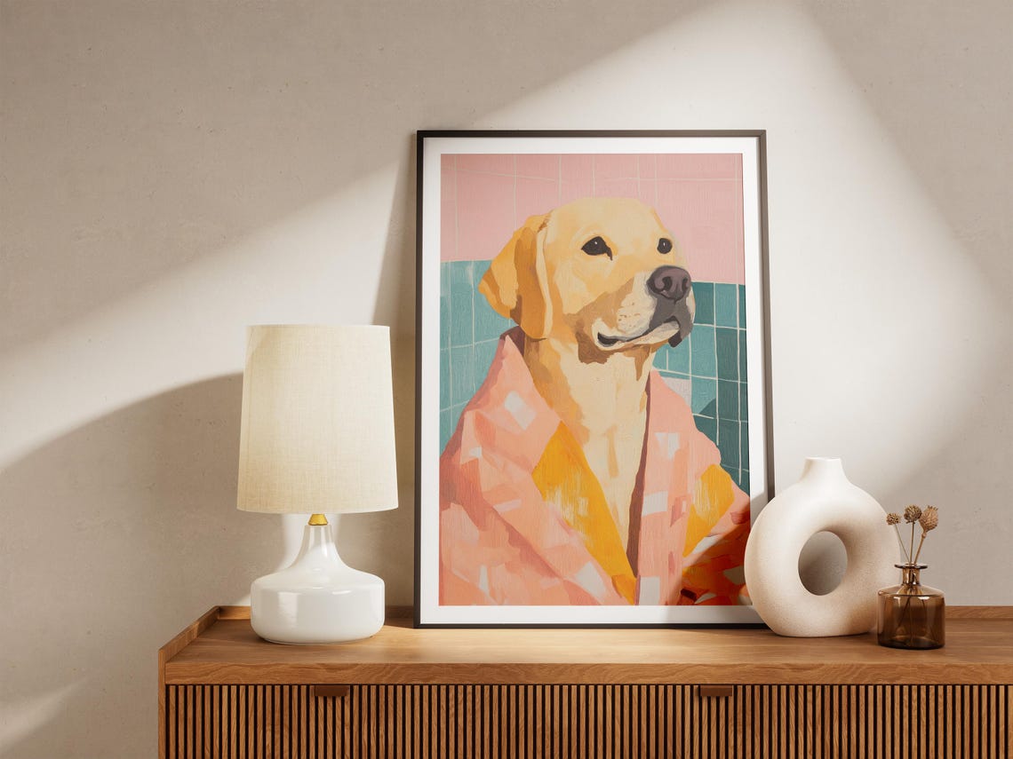 Yellow Labrador Retriever Pink Bathrobe Pastel Bath Art Poster - Image 4