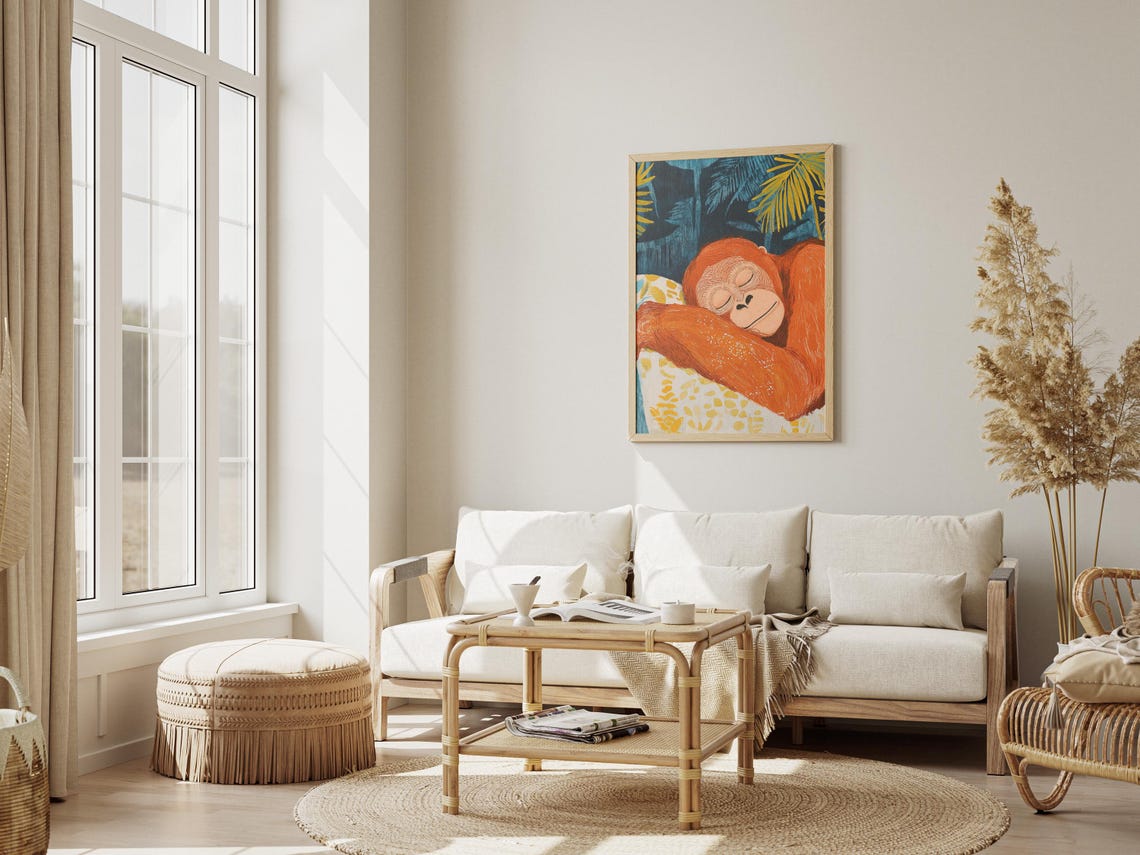 Sleeping Orangutan in Teal Jungle Matisse Style Wildlife Poster - Image 3