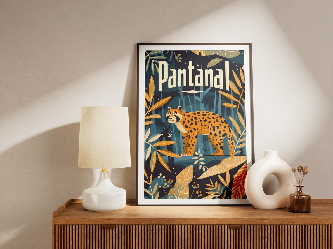 Pantanal Brazil Jaguar Jungle Night Botanical Vintage Travel Poster - Image 2