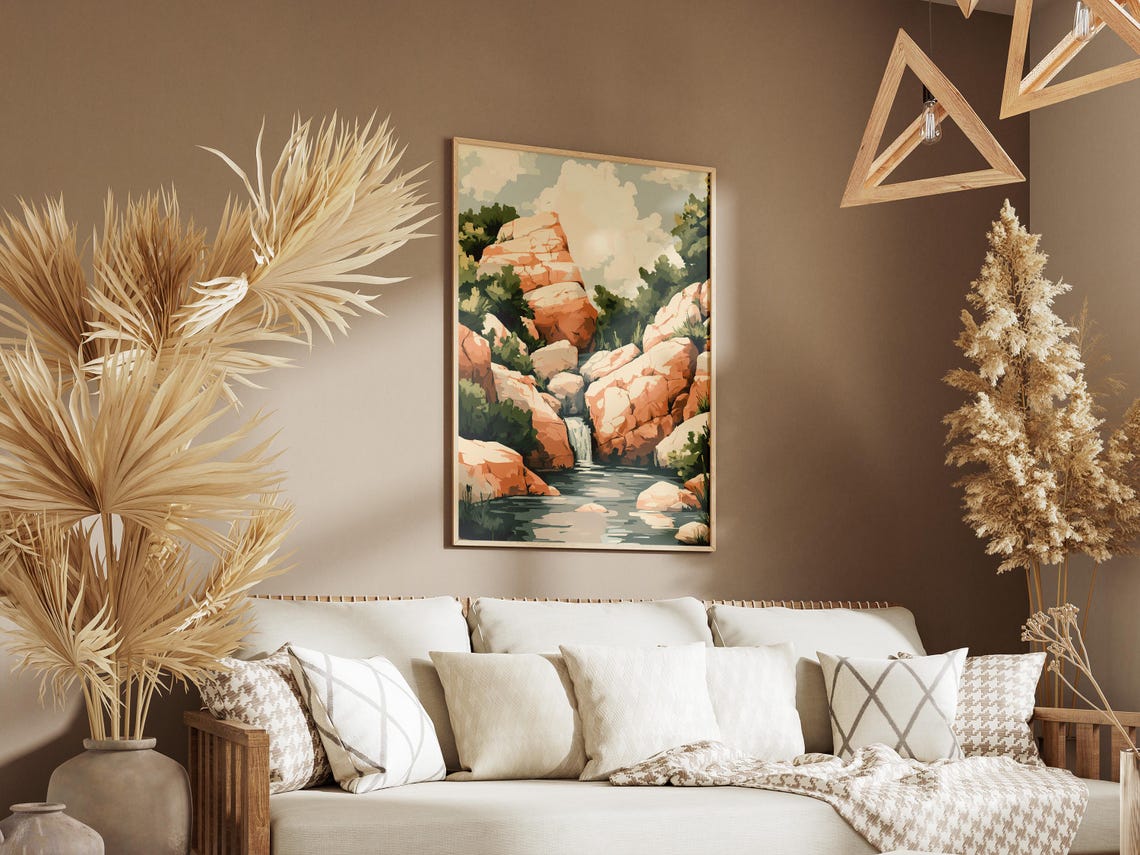 Waterfall Gorge With Peach Rocks Modern Nature Illustration Poster - Image 3