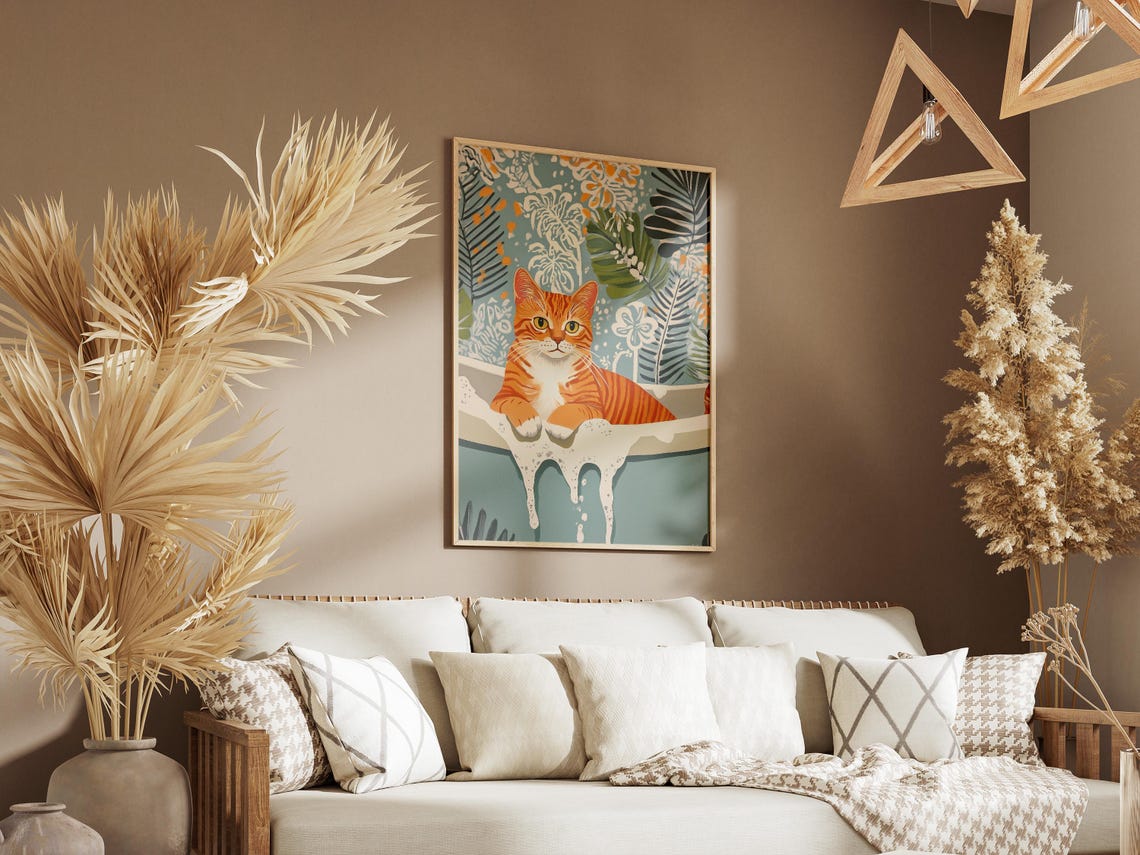 Orange Tabby Cat in Foamy Bathtub Tropical Leaves Cute Cat Wall Poster - Image 3