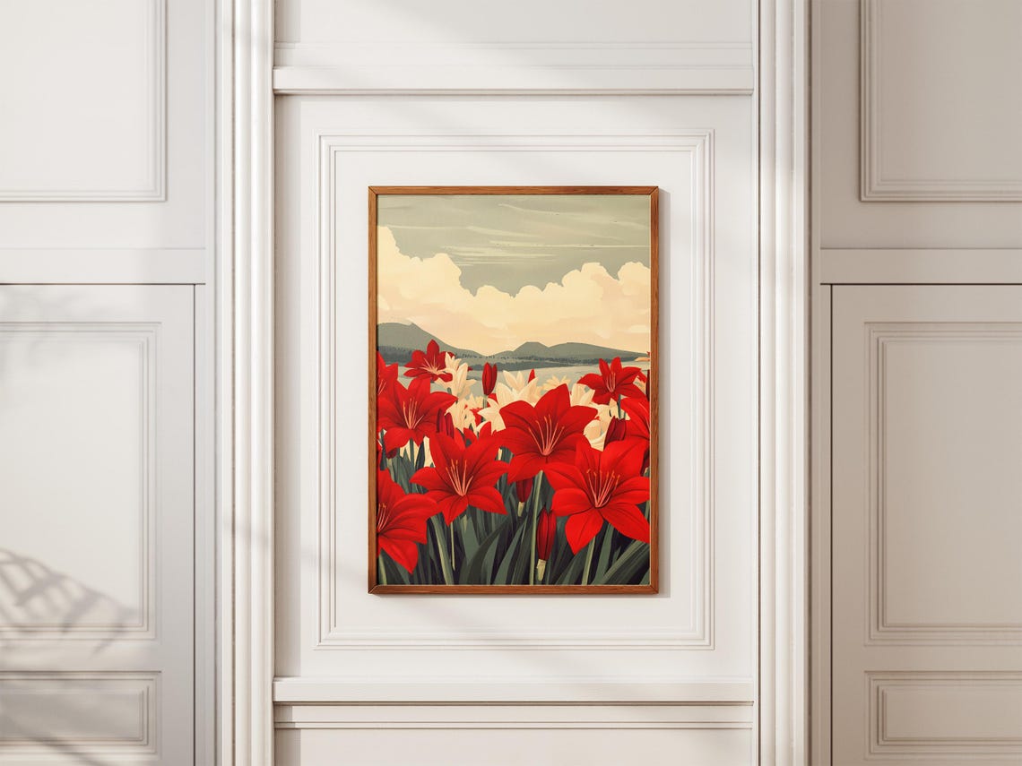 Red Amaryllis Flowers Dramatic Sky Field Illustration Poster - Image 2