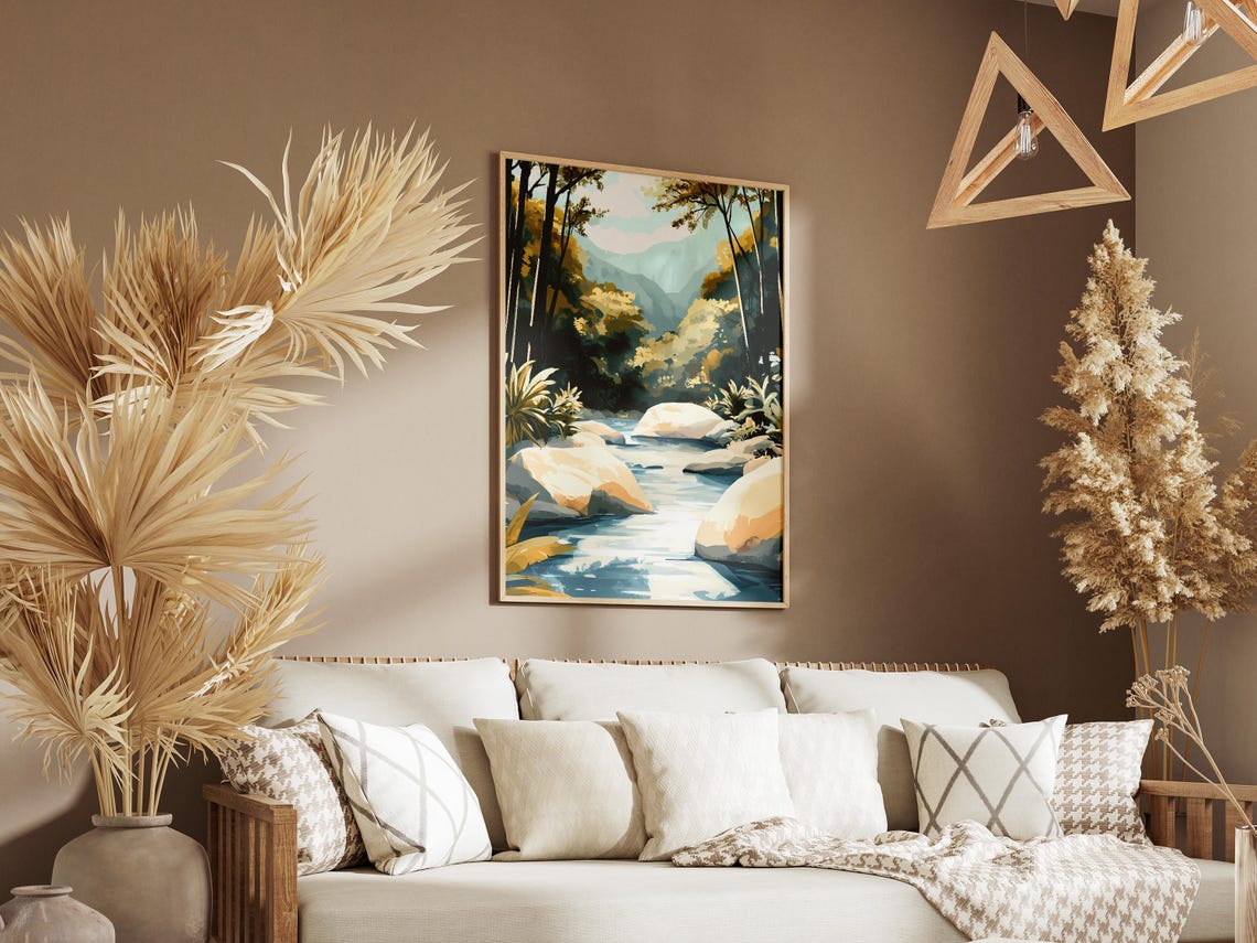Sunlit Forest River Flowing Between Boulders Golden Light Art Poster - Image 3