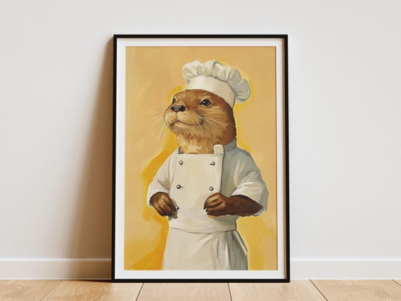 Otter Chef Art Print Animal Poster Kitchen Funny Whimsical Cute Gift Portrait Cooking