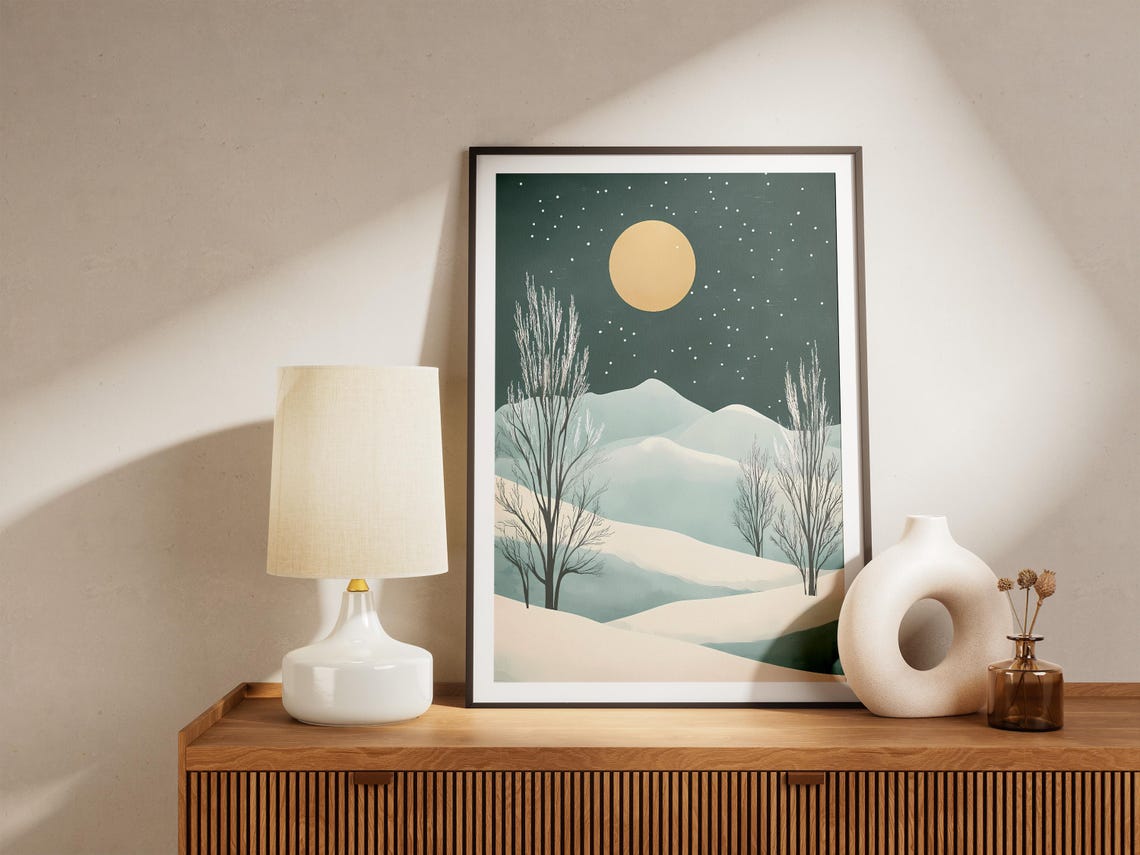 Minimalist Moonlit Snowy Hills Under Golden Moon Night Poster - Image 5