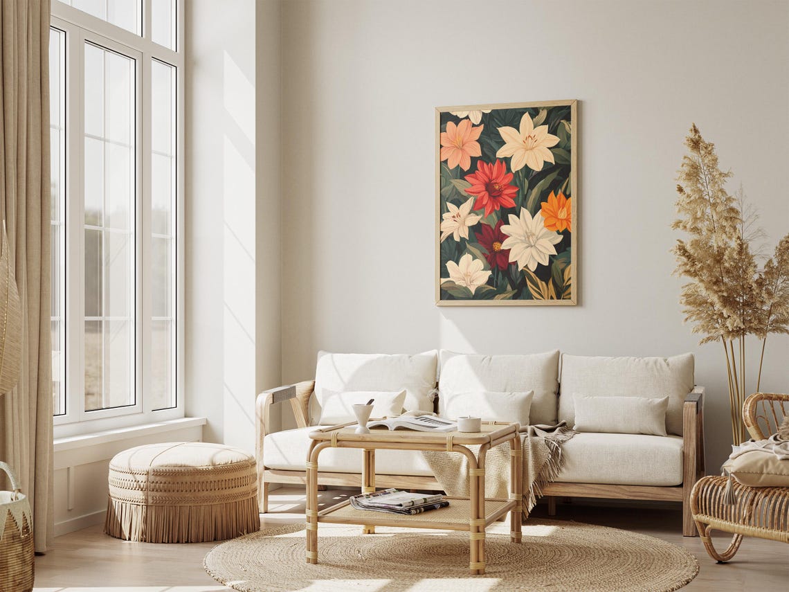 White Orange Red Lilies Against Dark Green Leaves Botanical Poster - Image 4