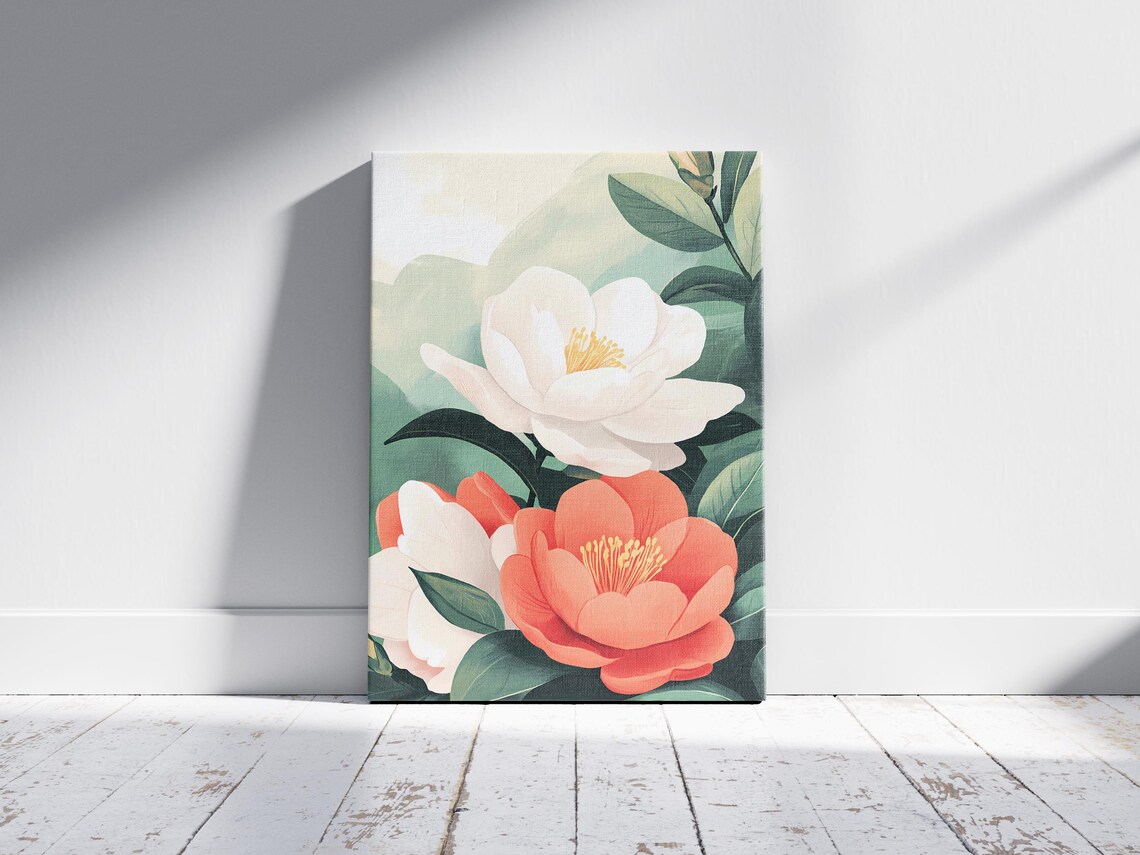 White Coral Blossom Flowers Green Leaves Botanical Art Poster - Image 2