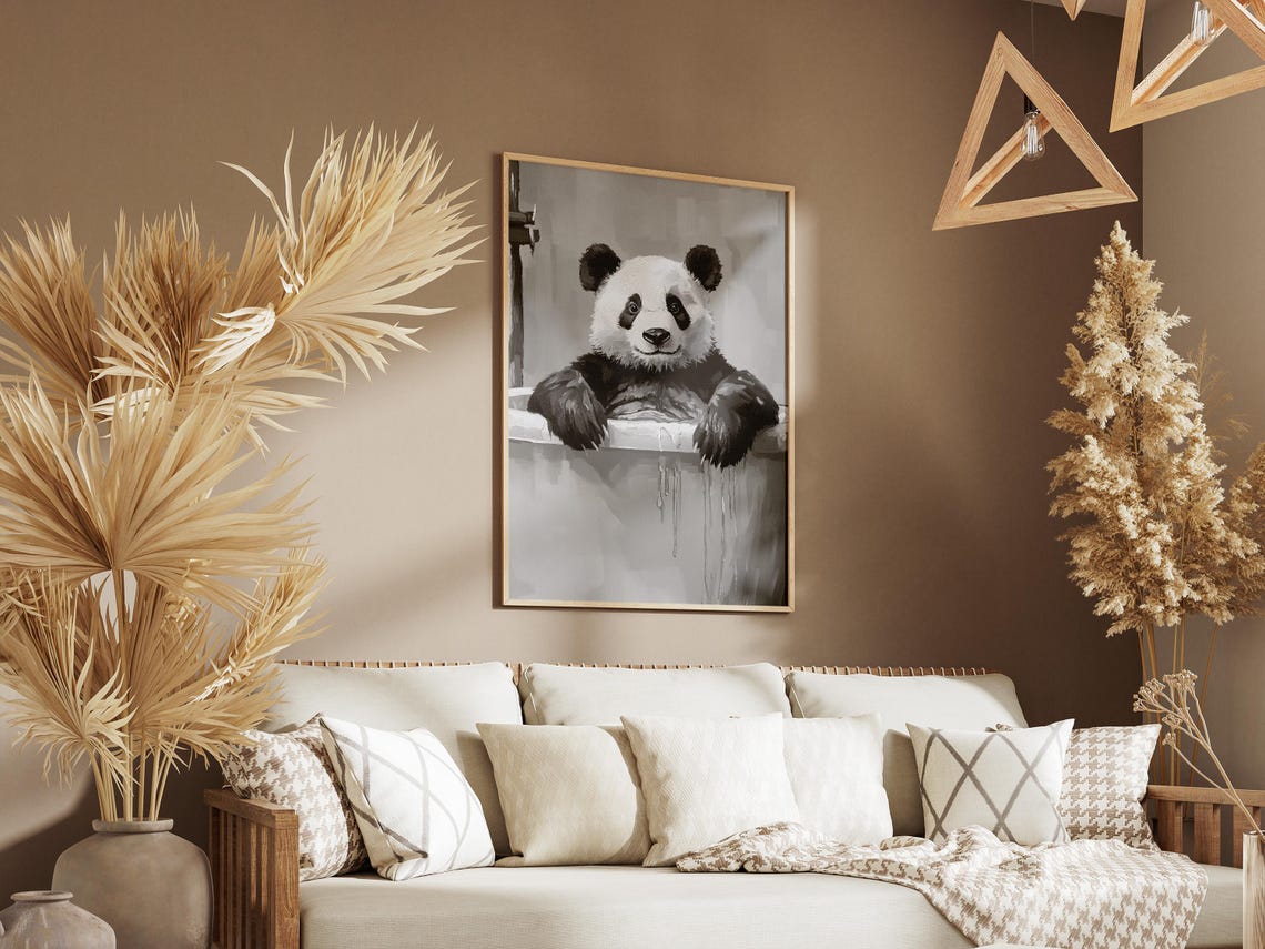 Giant Panda in Bathtub Black and White Cute Bear Bathroom Decor Poster - Image 3